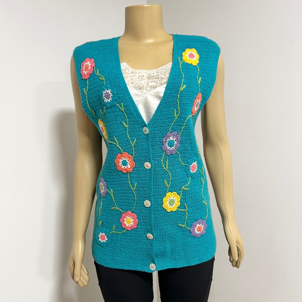 Susan Bristol Crochet Vest Teal Floral‎ Striped Back Button Front Women's L